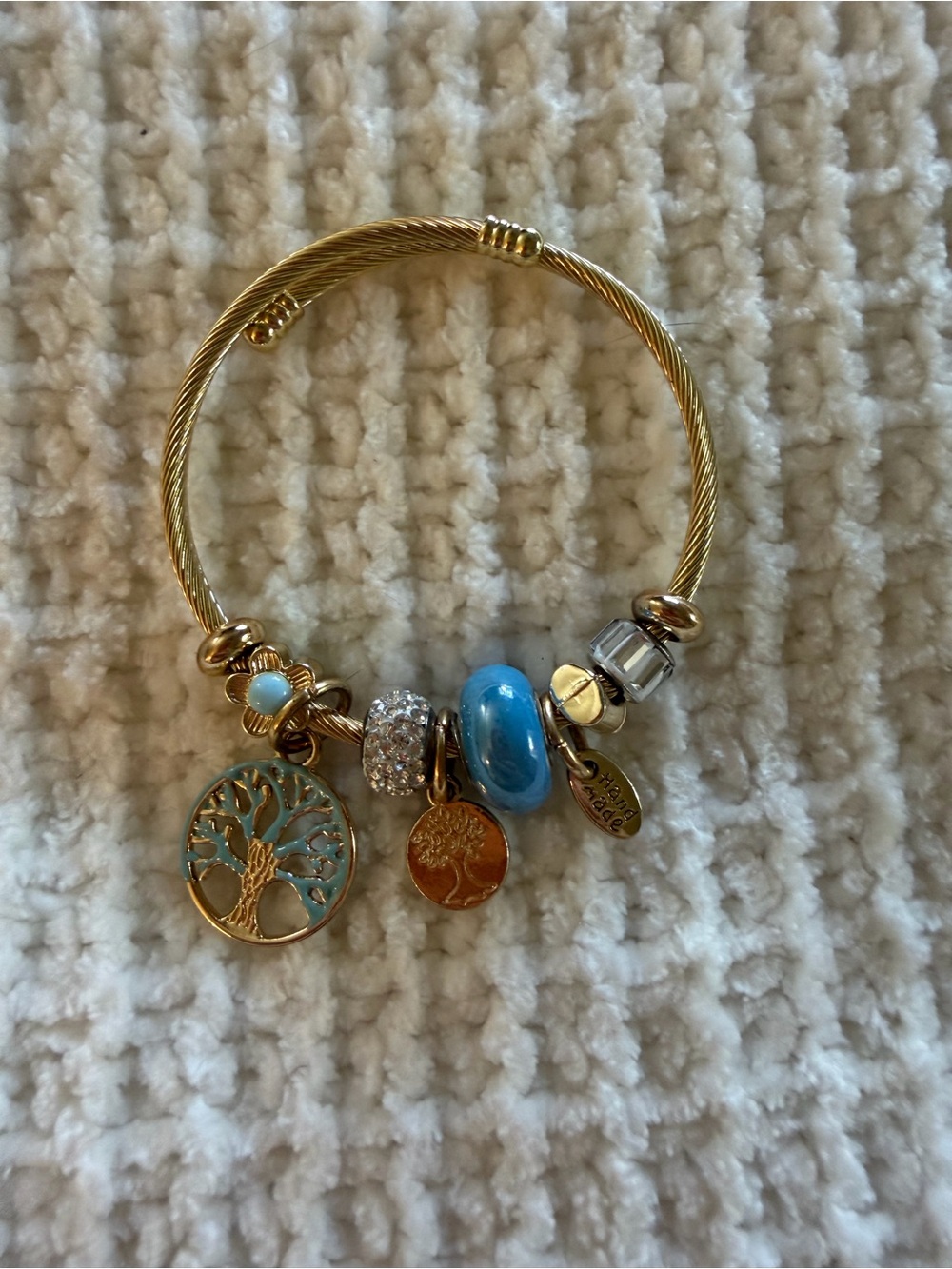 Gold Tone Women's Tree of Life Charm Bangle Bracelet with Blue Accents